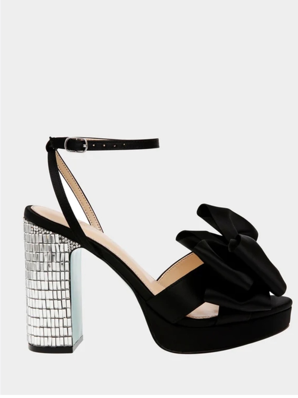 Betsey Johnson Maddy black Bow Ankle-Strap Platform Sandal with Mirrored heel